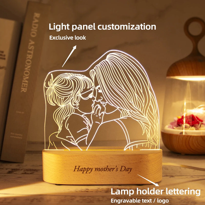 Personalized Acrylic Lamp Customized Photo Text Night Light  USB Wooden Base Wedding Mother's Day Party  Gift
