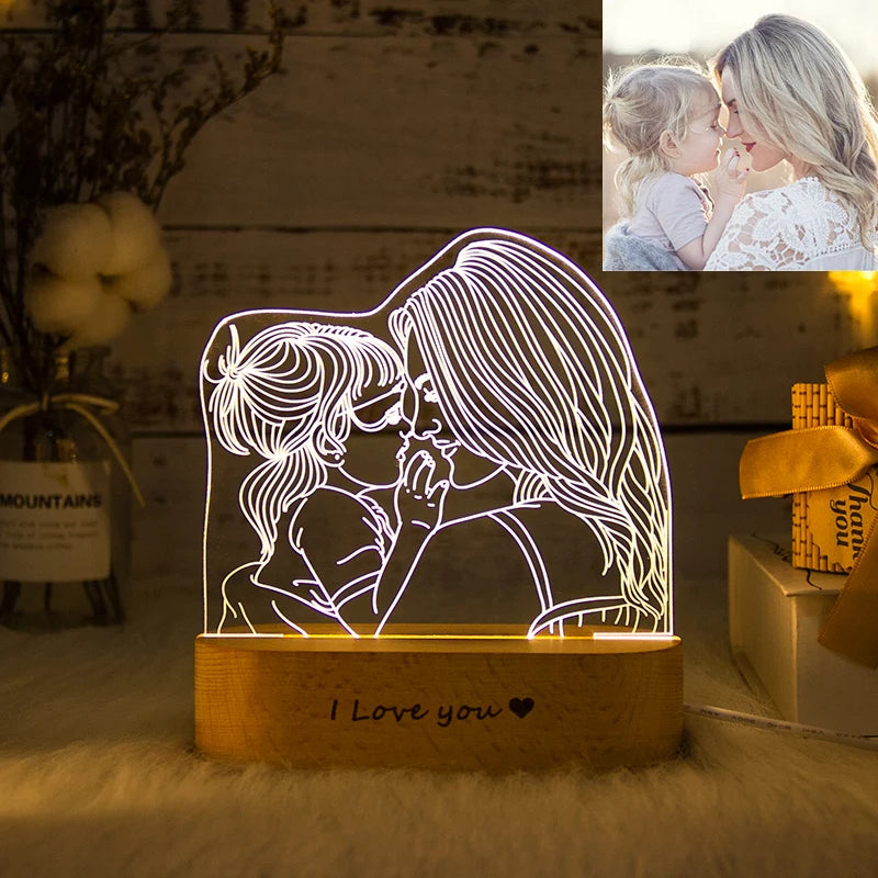Personalized Acrylic Lamp Customized Photo Text Night Light  USB Wooden Base Wedding Mother's Day Party  Gift